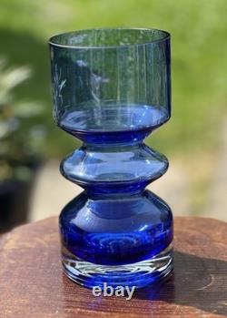 Vintage Scandinavian Blue Glass Vase 20cm Riihimaki Style MCM 60s