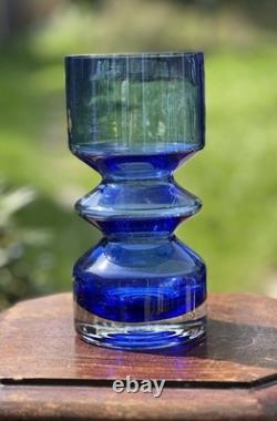 Vintage Scandinavian Blue Glass Vase 20cm Riihimaki Style MCM 60s