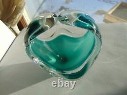 Vintage Signed Flygsfors Coquille Art Glass Green & Clear Centerpiece Hand Blown