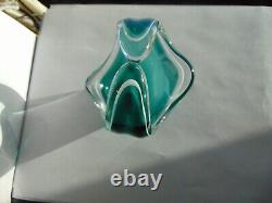 Vintage Signed Flygsfors Coquille Art Glass Green & Clear Centerpiece Hand Blown