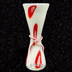 Vintage Studio Art Glass Dotted Red White Applied Ribbon Tall Vase 13.25T 5W