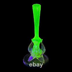 Vintage Uranium Art Glass Vase With Twisted Spiral Pattern & Pink Feet. Tall VGC