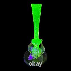 Vintage Uranium Art Glass Vase With Twisted Spiral Pattern & Pink Feet. Tall VGC