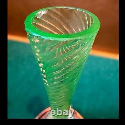 Vintage Uranium Art Glass Vase With Twisted Spiral Pattern & Pink Feet. Tall VGC