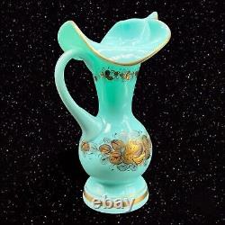 Vintage Victorian Style French Blue Opaline Glass Gold Gilt Vase Flower Decor