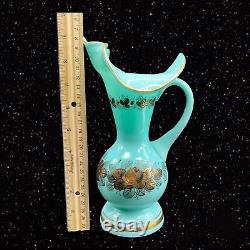 Vintage Victorian Style French Blue Opaline Glass Gold Gilt Vase Flower Decor