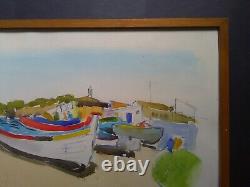 Vintage Watercolour Painting, Portuguese Beach, Fishing Boats, Seashore, People