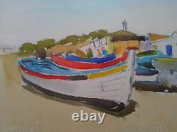 Vintage Watercolour Painting, Portuguese Beach, Fishing Boats, Seashore, People