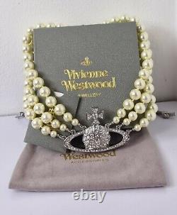 Vivienne Westwood Three Row Pearl Bas Relief Choker Silver