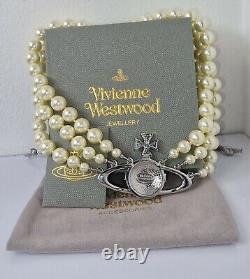 Vivienne Westwood Three Row Pearl Bas Relief Choker Silver