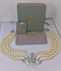 Vivienne Westwood Three Row Pearl Bas Relief Choker Silver