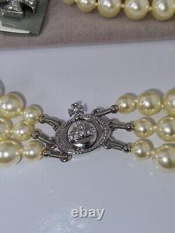 Vivienne Westwood Three Row Pearl Bas Relief Choker Silver