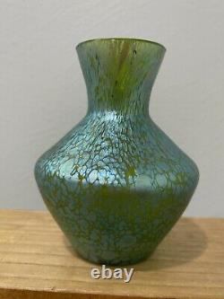 Vtg Antique Loetz Green Art Glass Vase with Blue Green Iridescent Oil Spot Design