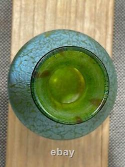 Vtg Antique Loetz Green Art Glass Vase with Blue Green Iridescent Oil Spot Design