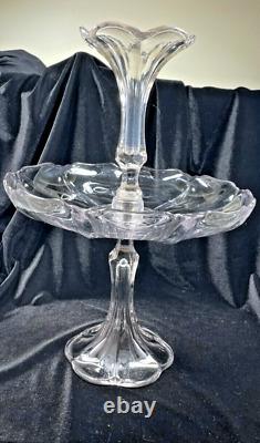 Vtg Duncan Miller Art Glass Clear 3 Piece Fruit Platter & Vase 16.75 in Epergne