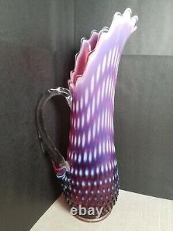 Vtg Fenton Art Glass Plum Opalescent Hobnail Stretch Pitcher Vase 14 with Handle