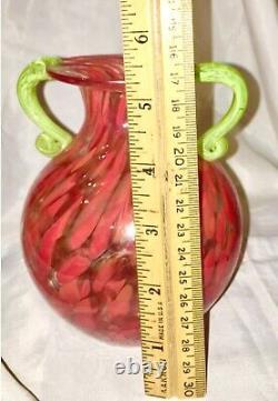 Vtg Hand Blown Red Molted & Green Art Glass Vase Double Handles Mouth Blown Vtg