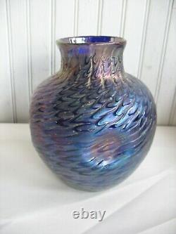 Vtg KRALIK IRIDESCENT Glass VASE Blue Purple ART NOUVEAU Bohemia