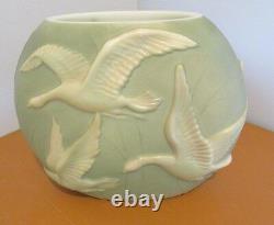 Vtg. Lg. Art Deco Phoenix Glass Sculptured Artware Geese Sculptured Artware Vase