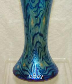 Vtg Lundberg Studio Art Glass 11 Evening Star Flare Vase Blue Iridescent Aurene