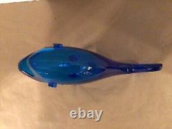 Vtg MCM Blenko Art Glassblue Fish Vase 11.5 Winslow Anderson Paper Label Vgc
