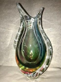 Vtg MCM Murano Art Glass Vase WithLatticino Tendrils Flavio Poli 10.5 7.3 Lbs