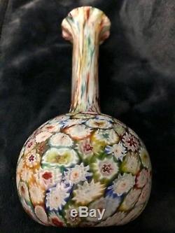 Vtg Murano Fratelli Toso Close Packed Millefiori Satin Art Glass Fluted Vase 9