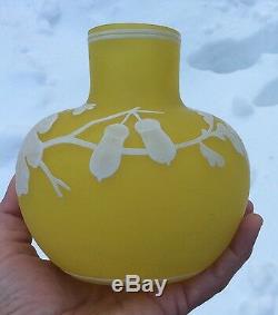 Webb Cameo Vaseline Art Glass Acorns & Oak Vase