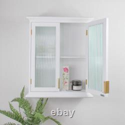 White Reeded Glass Wall Cabinet shelf storage art deco vintage wooden bathroom