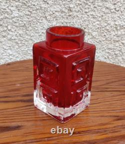 Whitefriars Greek Key Ruby Red Vase 11cm Tall Original 1963-1979 Paper Label