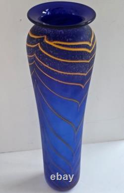 Will Shakspeare British Studio Art Glass Vase, Blue, Yellow Trailed Design 35cm