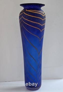 Will Shakspeare British Studio Art Glass Vase, Blue, Yellow Trailed Design 35cm