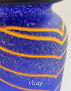 Will Shakspeare British Studio Art Glass Vase, Blue, Yellow Trailed Design 35cm