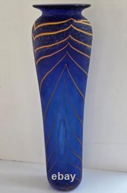 Will Shakspeare British Studio Art Glass Vase, Blue, Yellow Trailed Design 35cm