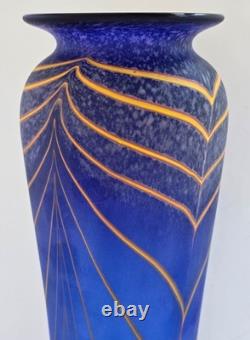 Will Shakspeare British Studio Art Glass Vase, Blue, Yellow Trailed Design 35cm