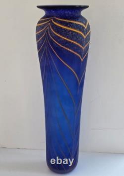 Will Shakspeare British Studio Art Glass Vase, Blue, Yellow Trailed Design 35cm