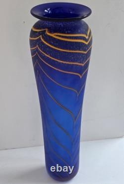 Will Shakspeare British Studio Art Glass Vase, Blue, Yellow Trailed Design 35cm
