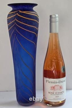 Will Shakspeare British Studio Art Glass Vase, Blue, Yellow Trailed Design 35cm