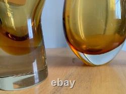 X2 Milan Metelak Harrachov Art Glass Vase rare amber heavy vintage Czech