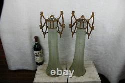 XL PAIR large art nouveau Acid etched glass Vase frame putti cherub rare