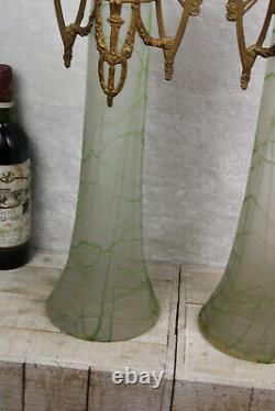 XL PAIR large art nouveau Acid etched glass Vase frame putti cherub rare