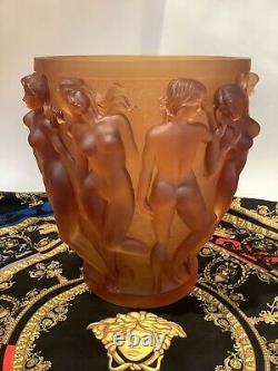 XXL 10 Lalique Style Crystal Heavy Art Glass Light Amber Bacchantes Vase 10Lb