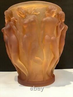 XXL 10 Lalique Style Crystal Heavy Art Glass Light Amber Bacchantes Vase 10Lb