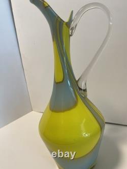 Yellow and grey striped Empoli glass Jug by Vetreria Artigiana Sanminiatello
