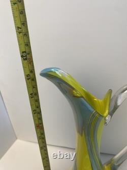 Yellow and grey striped Empoli glass Jug by Vetreria Artigiana Sanminiatello