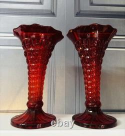 2 Vases en verre Amberina rouge rubis Art Déco vintage grand format Glow UV Cadmium Fenton