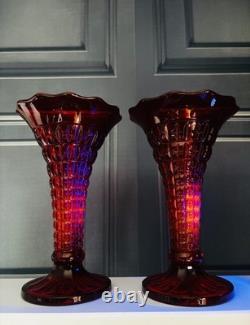 2 Vases en verre Amberina rouge rubis Art Déco vintage grand format Glow UV Cadmium Fenton