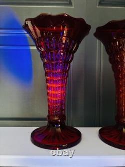 2 Vases en verre Amberina rouge rubis Art Déco vintage grand format Glow UV Cadmium Fenton