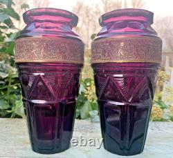 2 X Vases en verre Art Déco Karlsbad Moser avec panneaux taillés et chasseurs