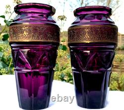 2 X Vases en verre Art Déco Karlsbad Moser avec panneaux taillés et chasseurs